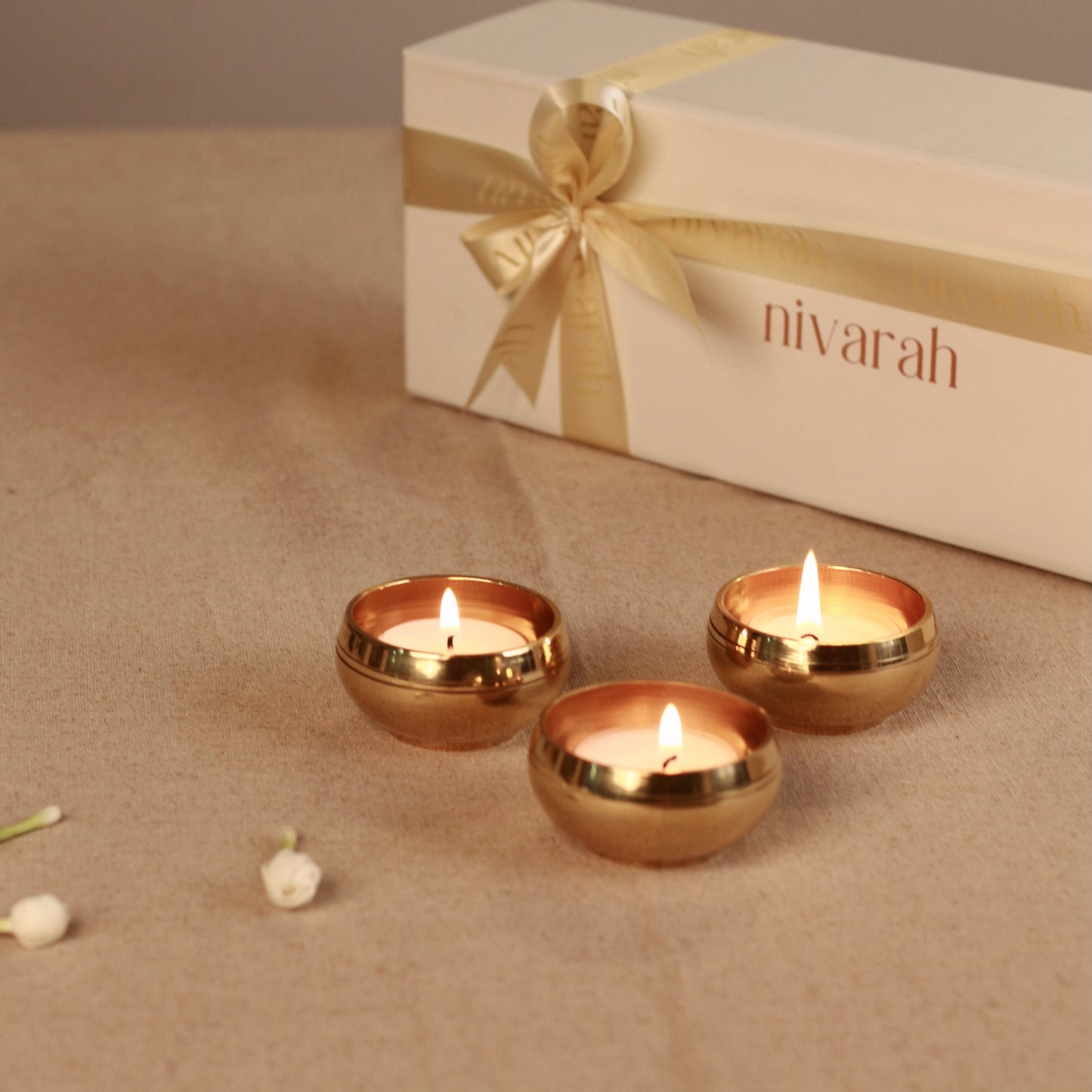 Navya - Brass Tealight Holder & Candle - Set of 3