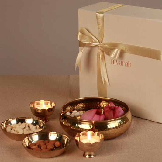 Gift box of krti brass plate, saroj tealight holder, taksh brass bowl
