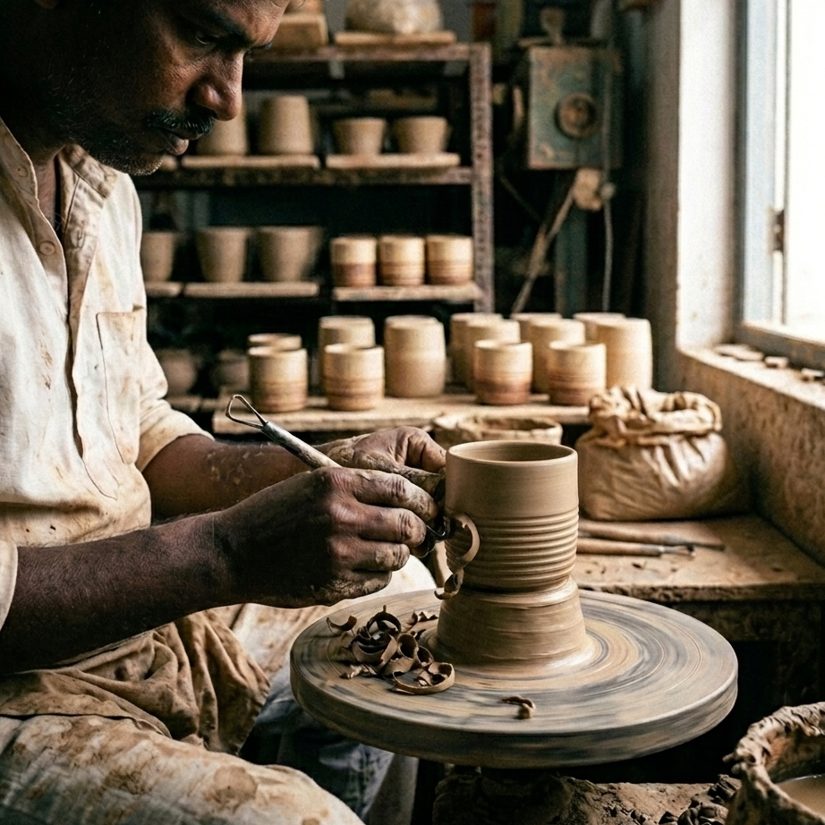 Potter working on a sthir tumbler in a workshop